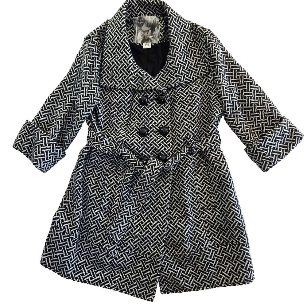 Mac & Jac Womens XL Coat White Black Jacket Elegant Charm‎ Belt Double Breasted